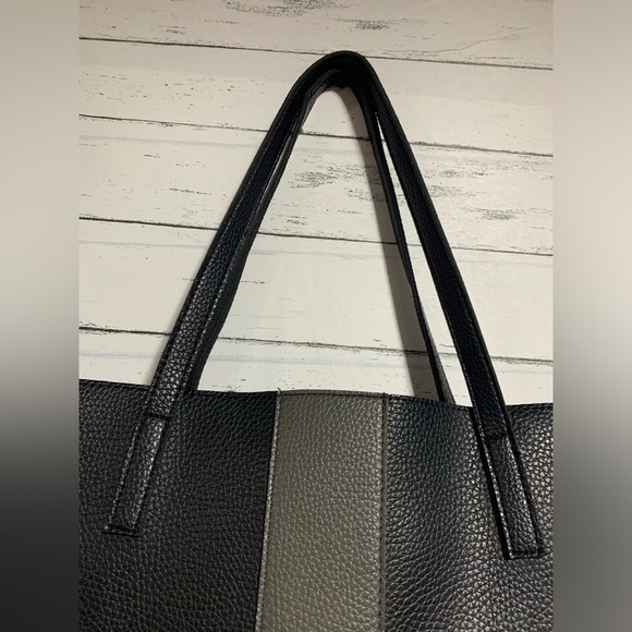 Vince Camuto Black Pebbled Leather Tote Bag with Gray Stripe, 16”x11”x0.5”, 9” - Picture 2 of 11